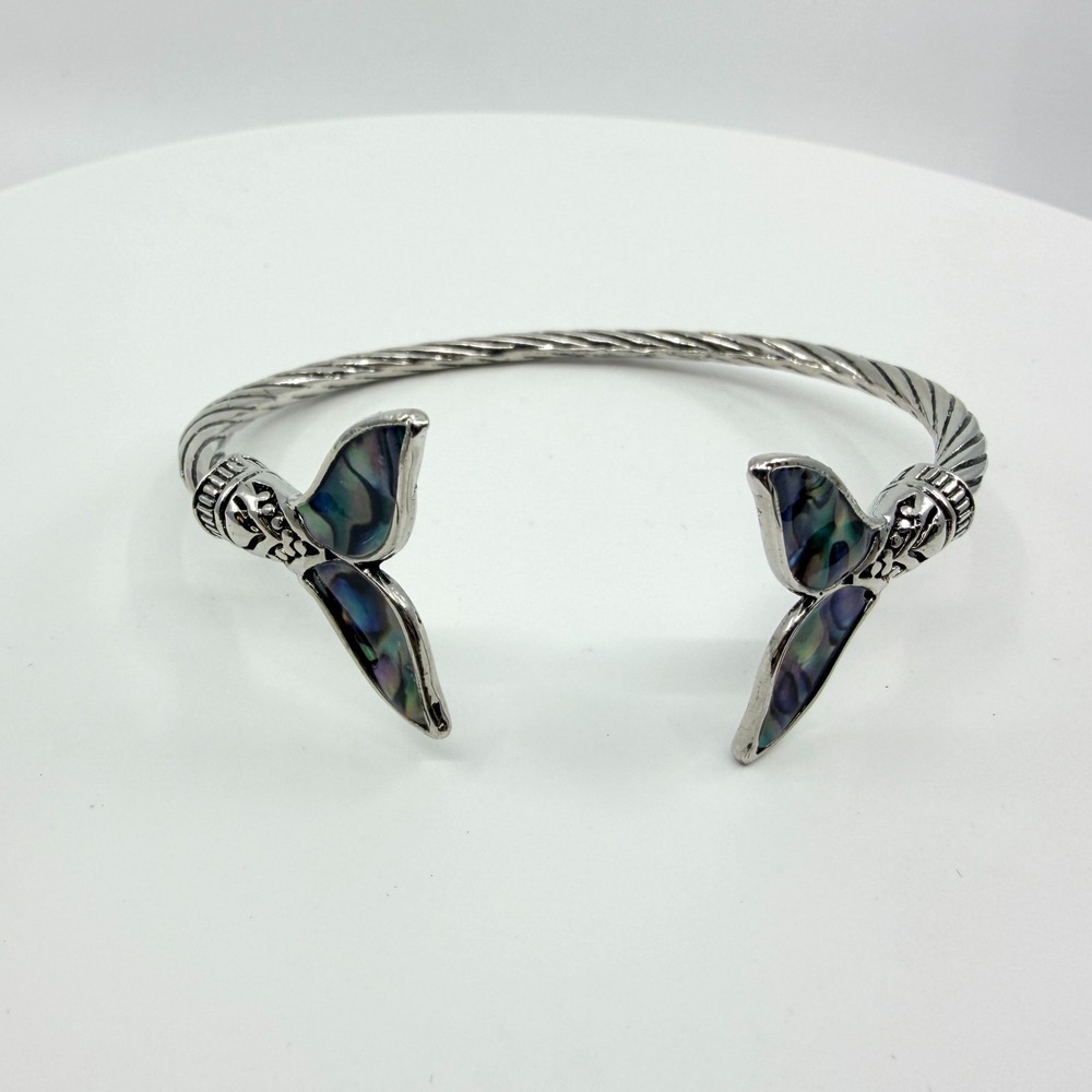 Vintage Silver Tone Abalone Shell Mermaid Whale Tail Cuff Bracelet